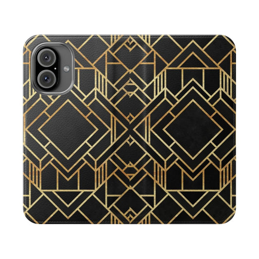 Abstract art deco phone case with minimalist black and gold geometric designs