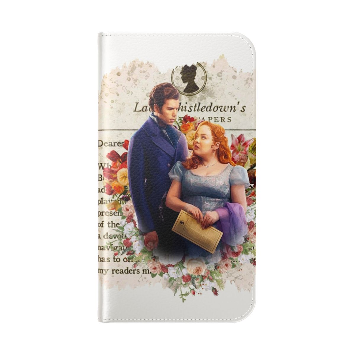 Bridgerton-themed flip cover phone case featuring characters Colin Bridgerton and Penelope Featherington - Folded Back