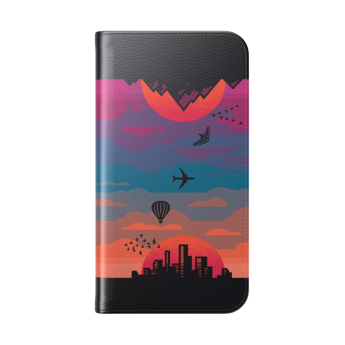 Colorful flip phone case with a sunrise to sunset landscape design - Folded Back