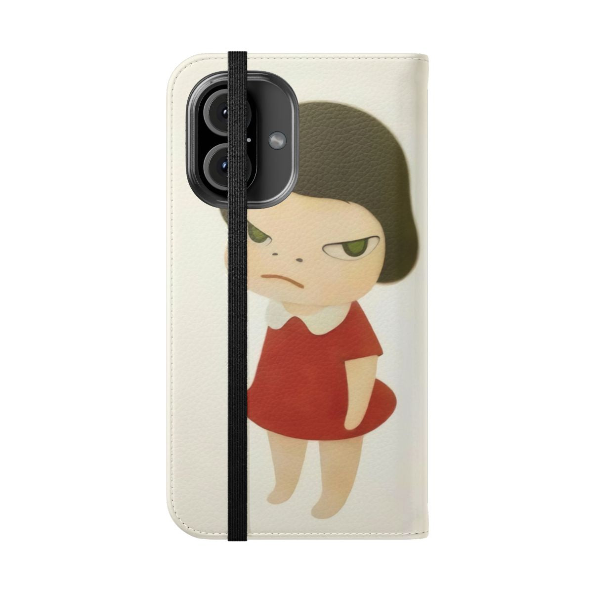 Artistic flip cover phone case with a cute girl in a red dress, inspired by the artwork of Yoshitomo Nara. - Folded Front