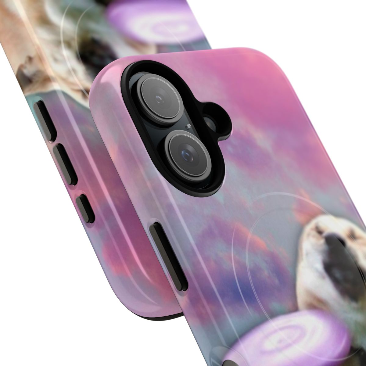 Frisbee dog-themed phone case with a dank meme and vaporwave-inspired aesthetic - Detail