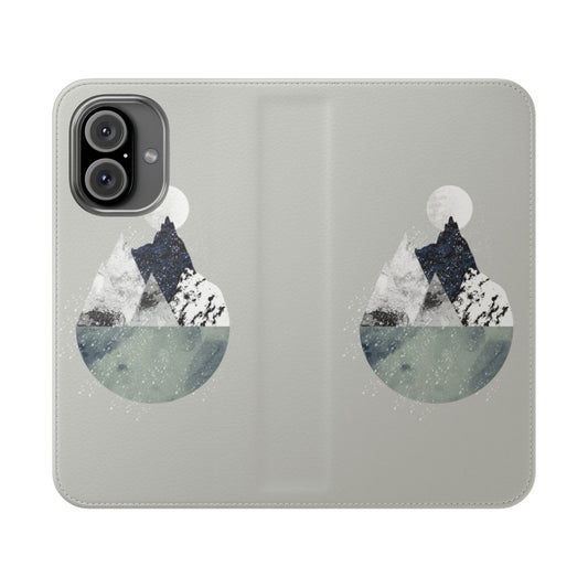 A winter landscape phone case featuring a modern, abstract Scandinavian-inspired design.