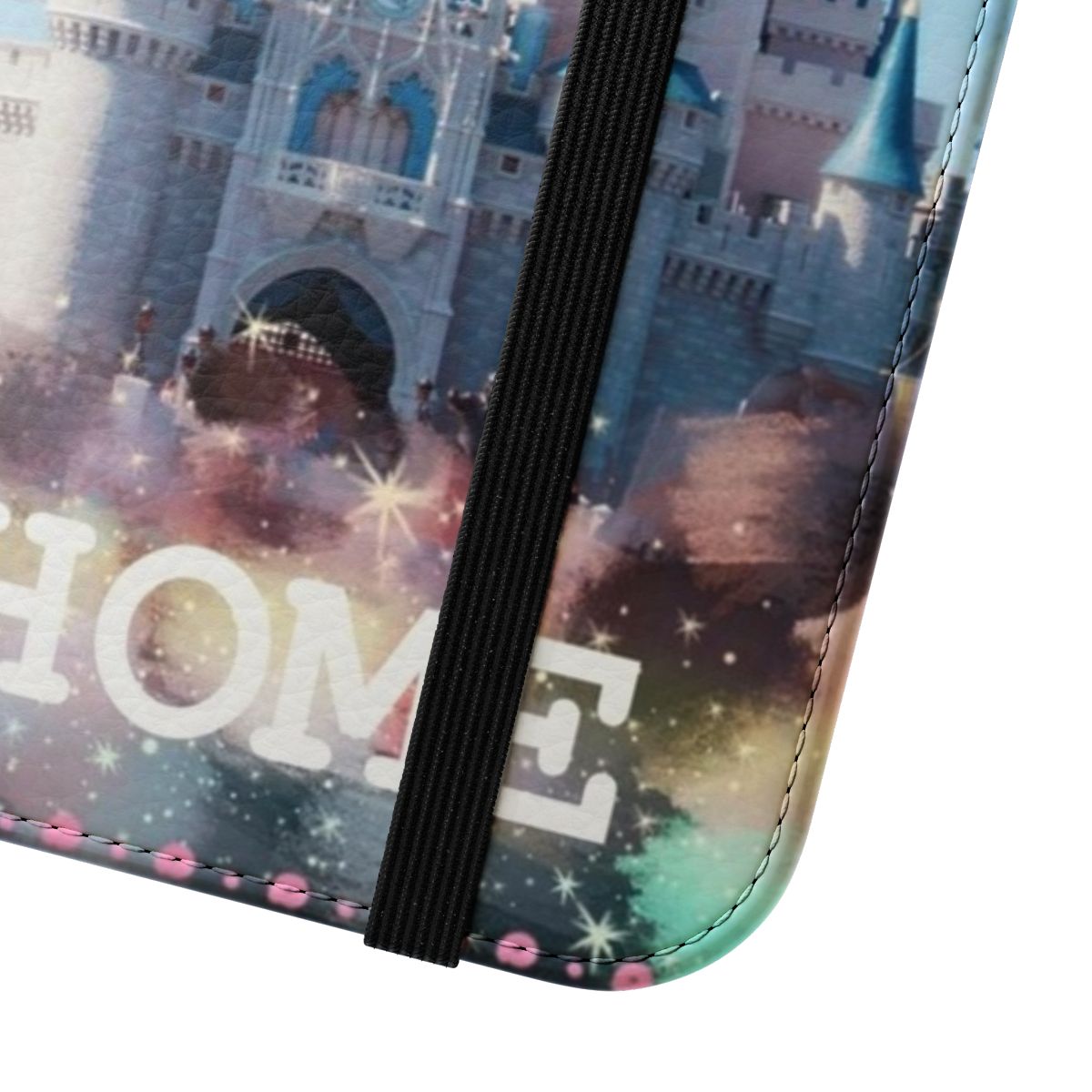 Flip cover phone case featuring a picturesque Disney castle design - Close Up