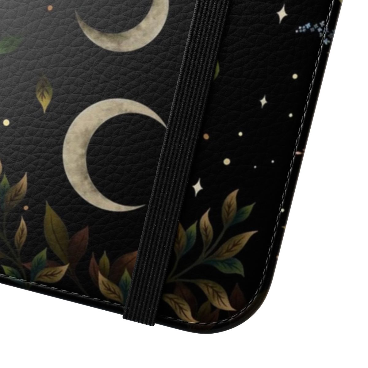 Crescent moon and autumn leaves printed on a flip cover phone case - Close Up