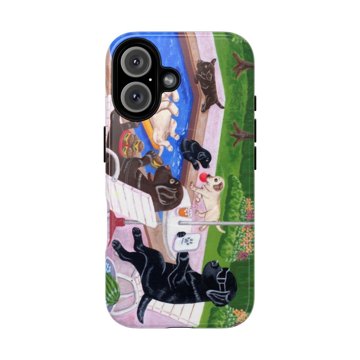 A vibrant and playful phone case featuring a design of Labrador Retrievers enjoying a pool party.