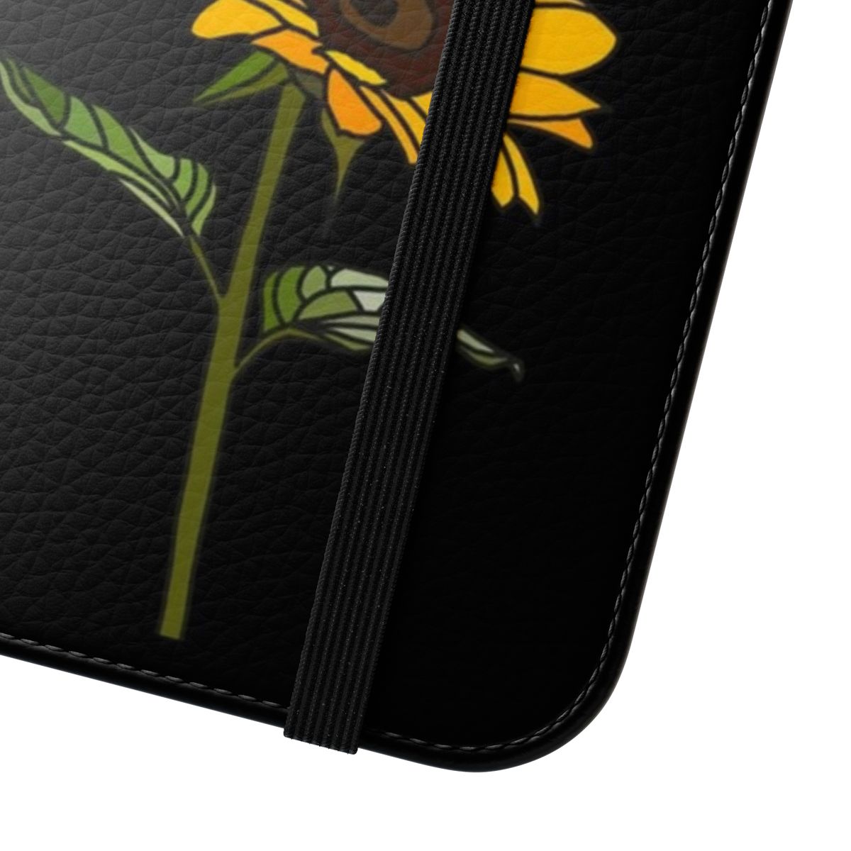 Sunflower floral design on a black phone case - Close Up