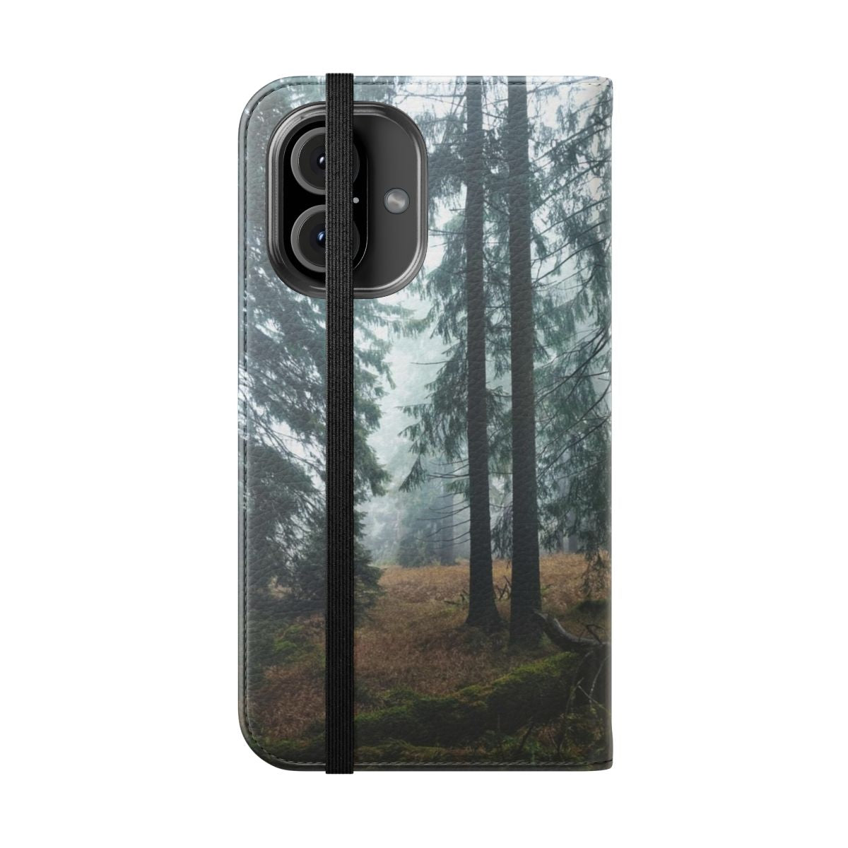 Misty, foggy forest scene with dark trees on a flip cover phone case - Folded Front