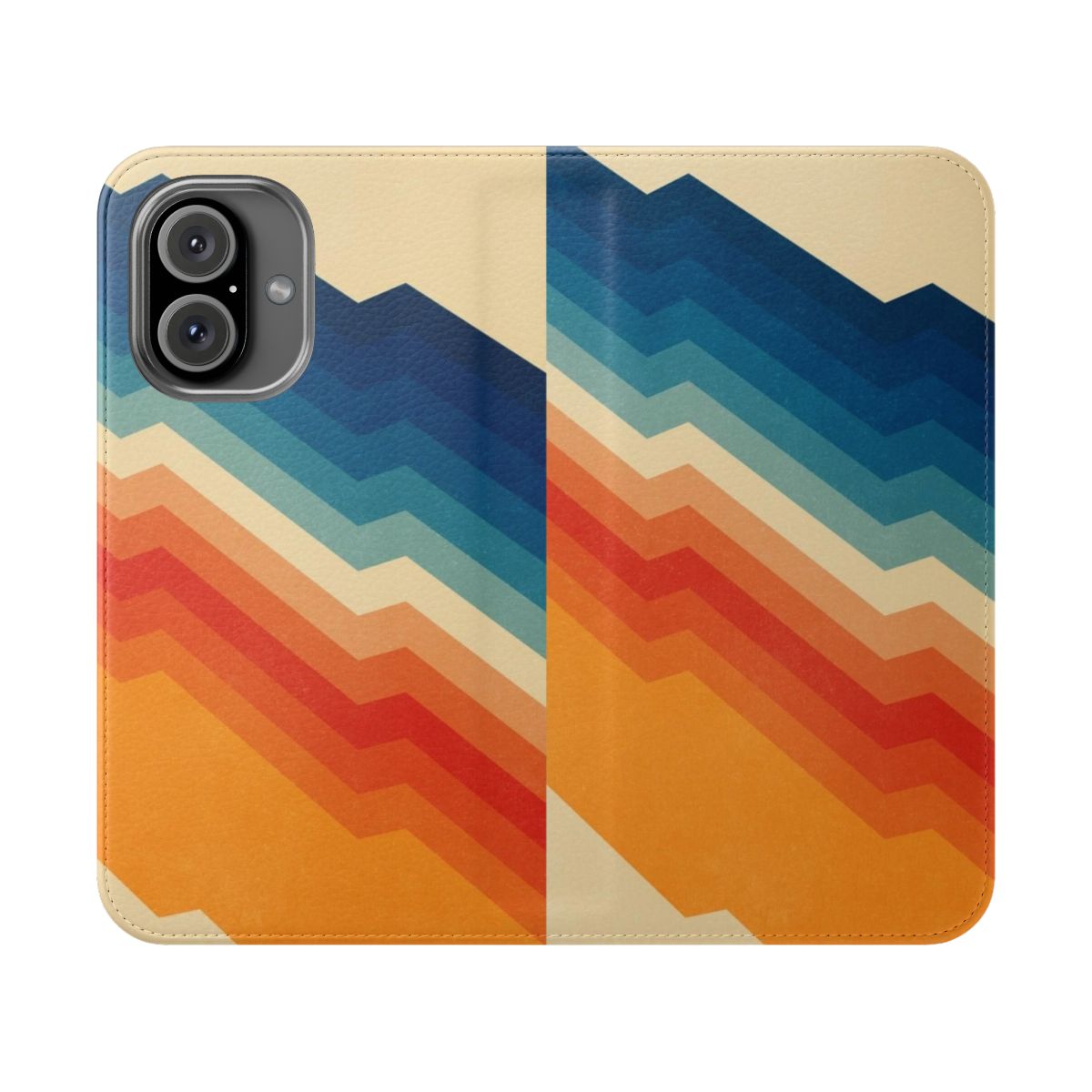 Vibrant and geometric phone case with abstract patterns in red, blue, and orange.