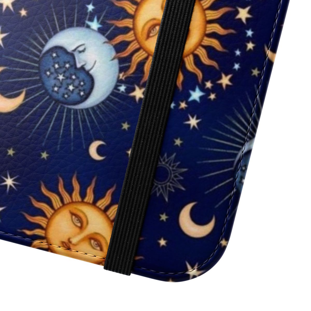 Celestial sun and moon flip phone case with stars and galaxy design - Close Up