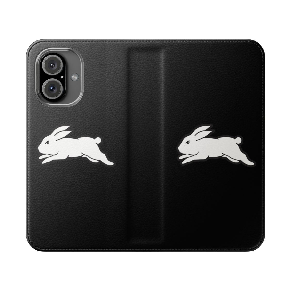 A rugby-themed phone case featuring the South Sydney Rabbitohs logo and rabbit design.