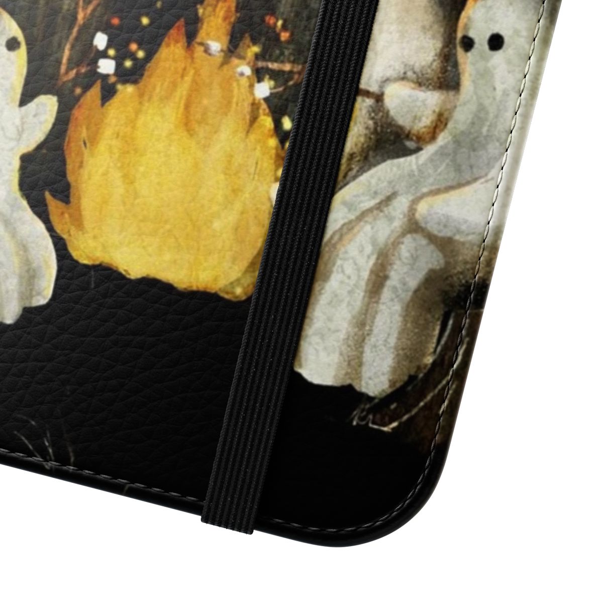 Flip cover phone case with a ghostly, marshmallow-roasting campfire design - Close Up