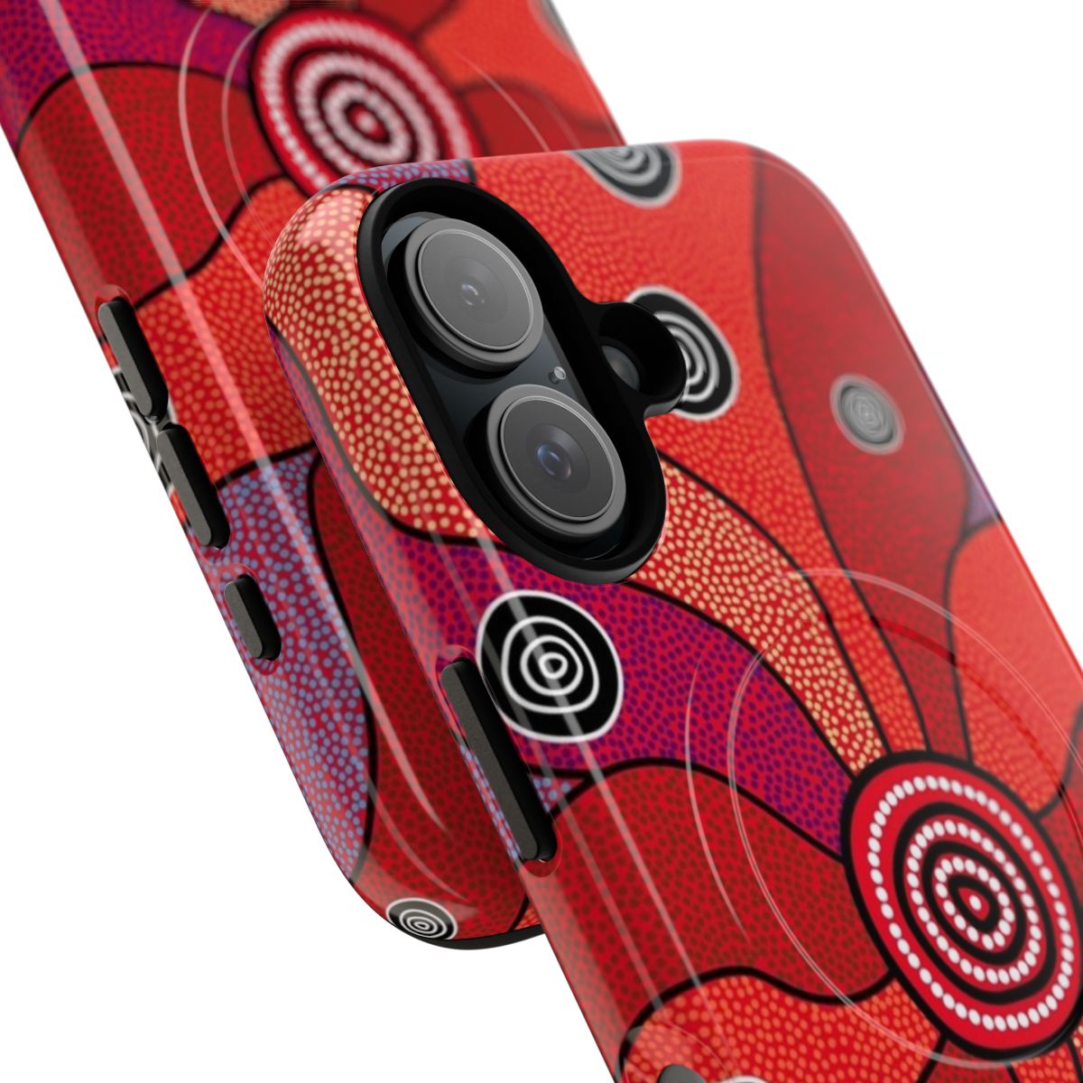 Authentic aboriginal-inspired magnetic tough phone case with traditional dot art design in blue, ochre, black colors featuring kangaroo and emu motifs - Detail