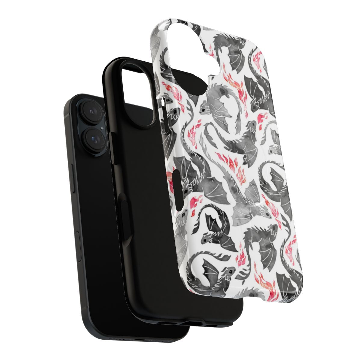 A phone case with a seamless design featuring a fantastical, fire-breathing dragon in shades of grey and black. - Layers