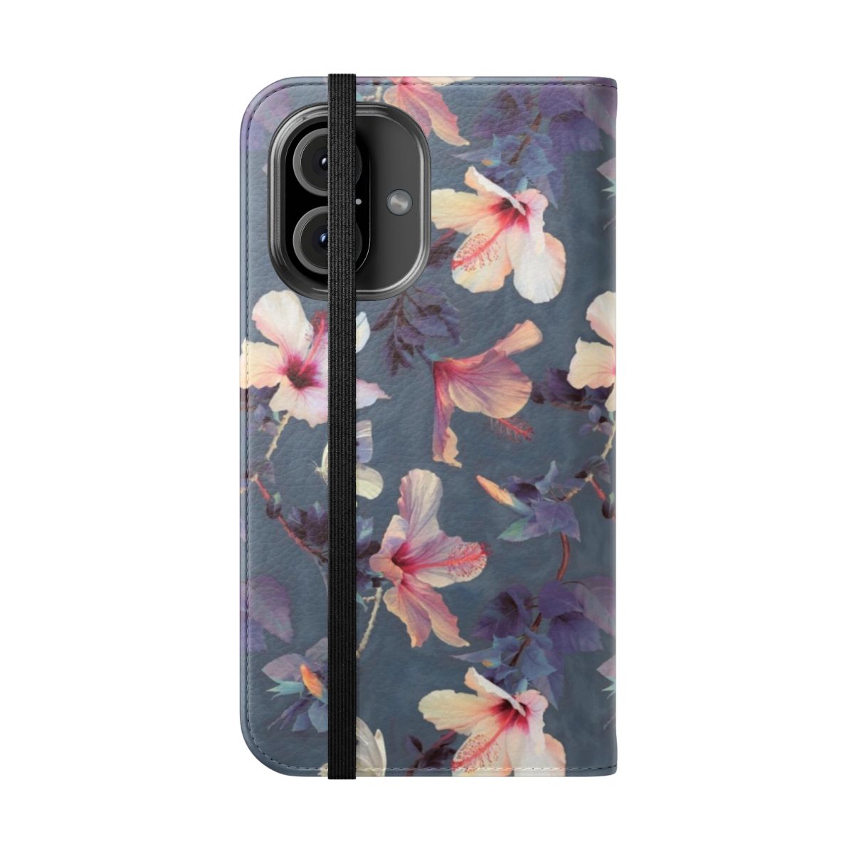 Painted pattern of butterflies and hibiscus flowers on a phone case cover - Folded Front