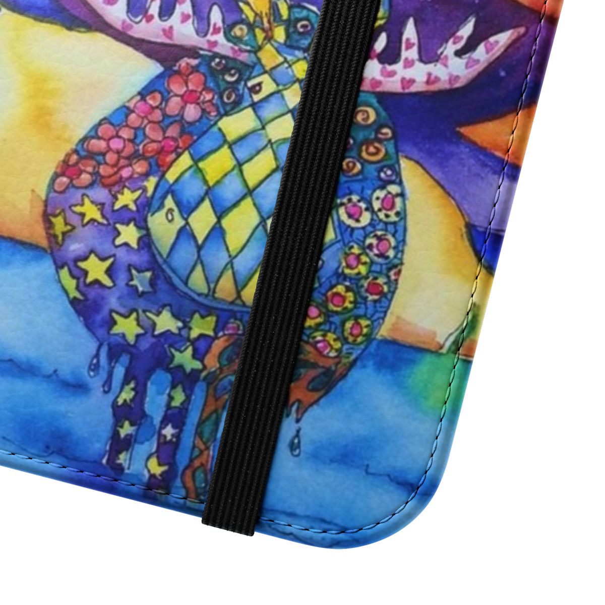 Colorful flip cover phone case with a vibrant moose design - Close Up