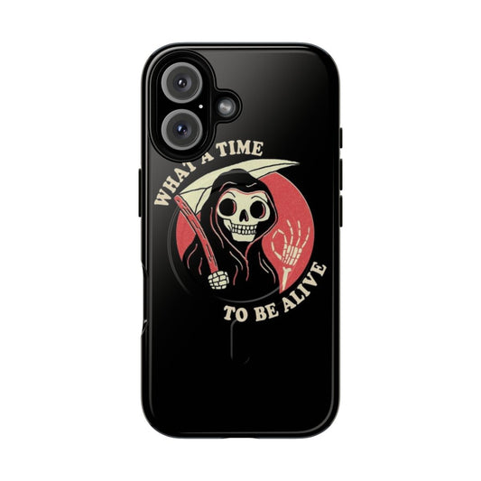 Vintage death-themed phone case with grim reaper and retro occult skeleton design