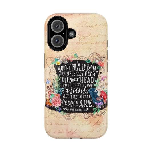 Whimsical fantasy phone case with Alice in Wonderland-inspired Mad Hatter, floral, and steampunk designs.