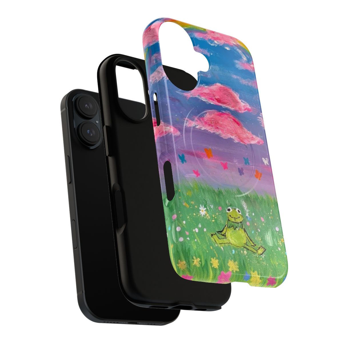 Vibrant rainbow-colored phone case with an illustration of Kermit the Frog, the popular Muppet character. - Layers