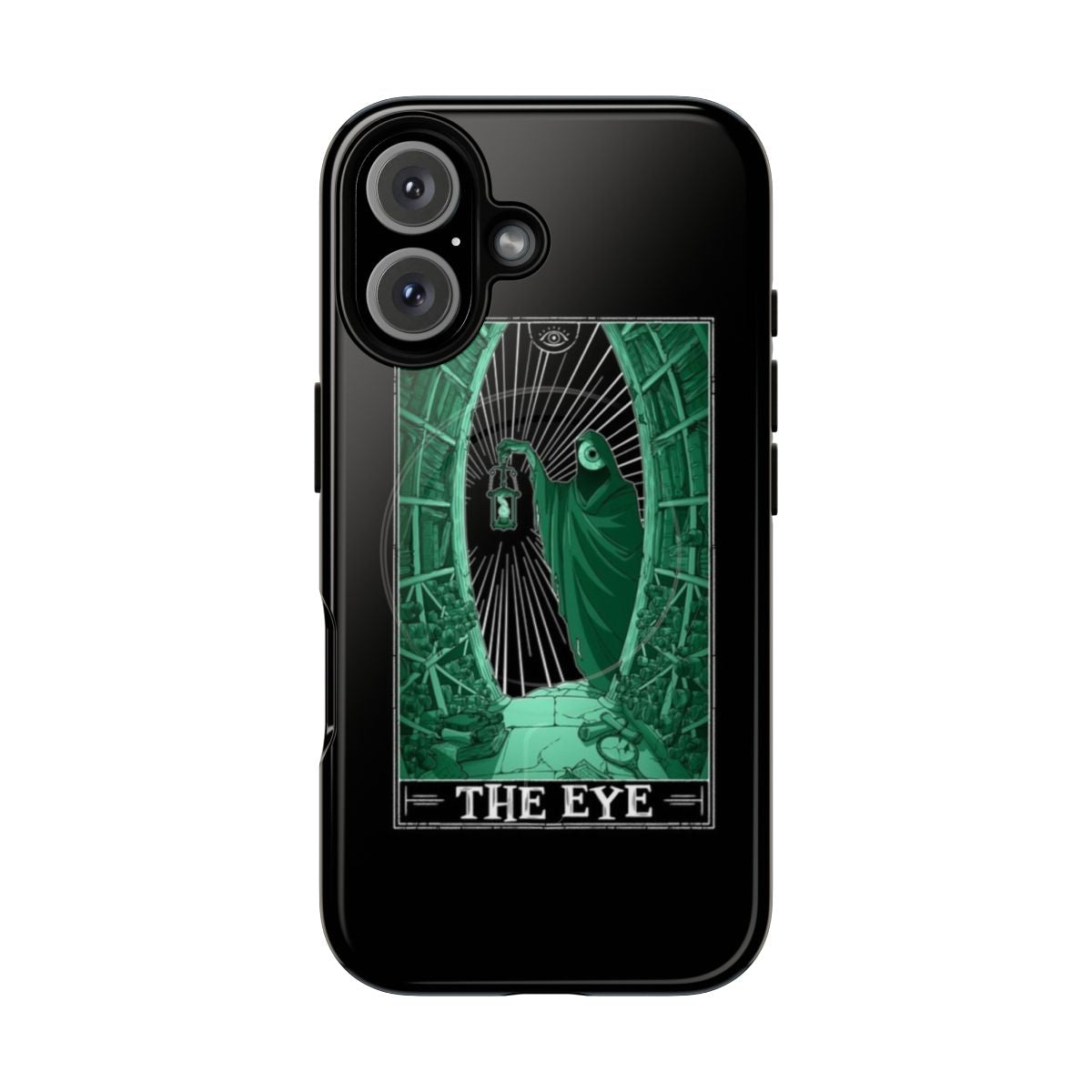 Dark phone case with a creepy, occult-inspired tarot card design