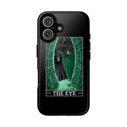 Dark phone case with a creepy, occult-inspired tarot card design