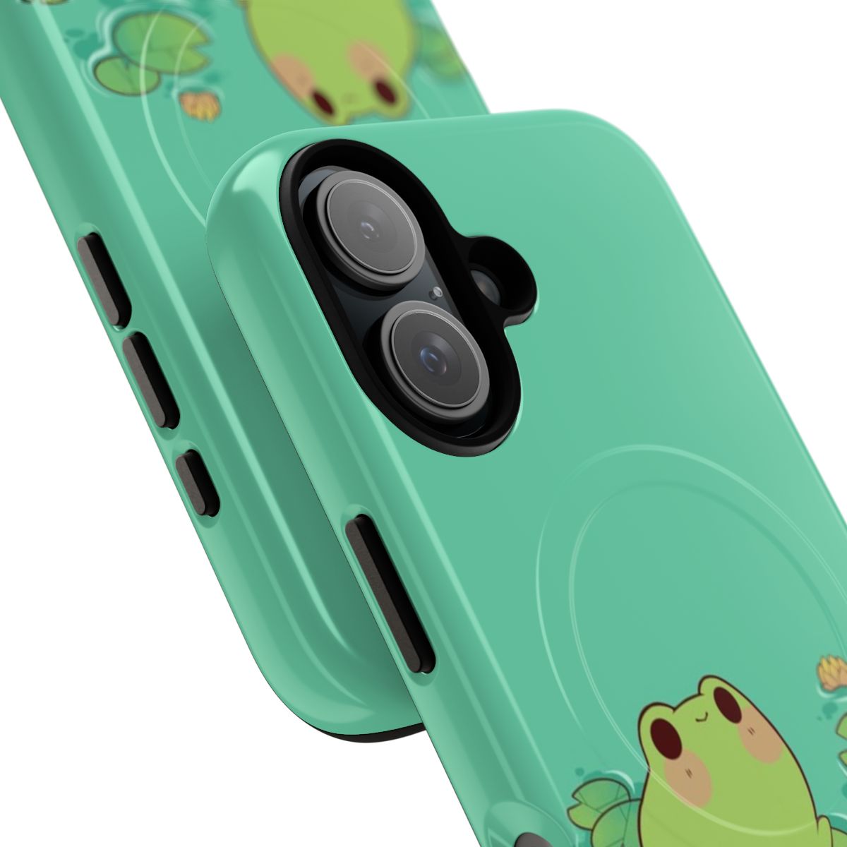 Magnetic phone case featuring a charming illustration of froggies surrounded by water lilies and lush foliage. - Detail