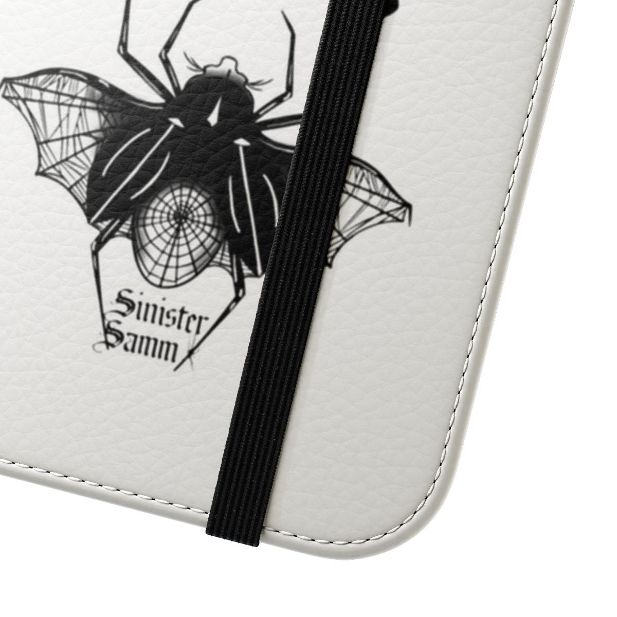 A dark, gothic-style phone case with a spider web design and insect motifs. - Close Up