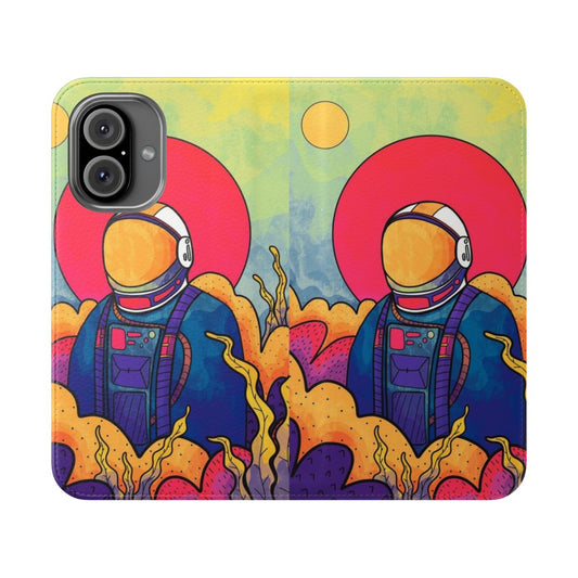 Colourful phone case with space, astronaut, and nature-inspired design