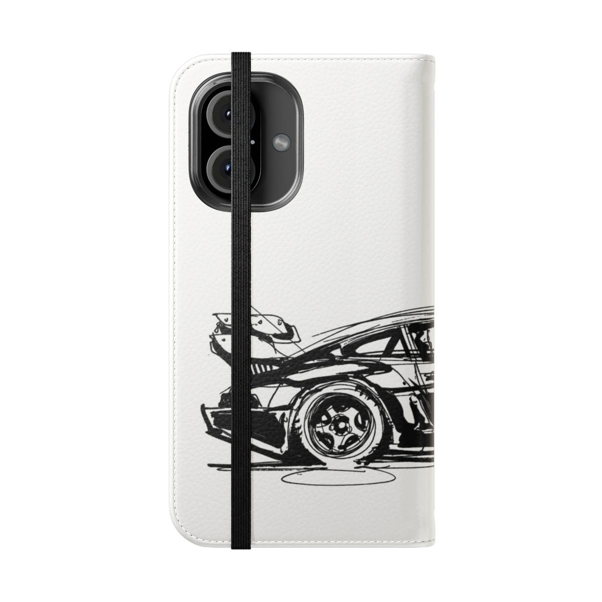 Artistic phone case featuring a Porsche 911 sketch design - Folded Front