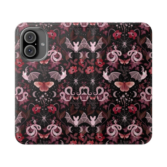 Moody gothic bat and snake damask pattern printed on a flip cover phone case