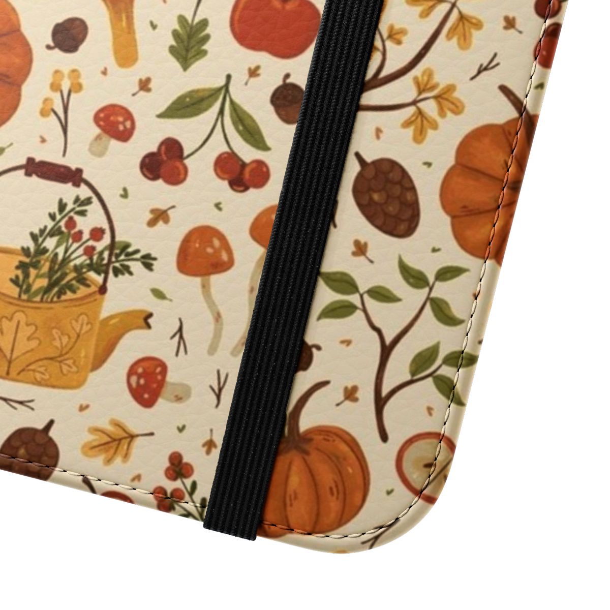 Autumn Botanical Phone Case with Floral Design of Pumpkins, Mushrooms, Leaves, and Apples - Close Up