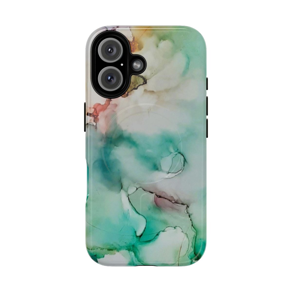 Abstract art phone case with a misty, foggy landscape scene in blue and green colors