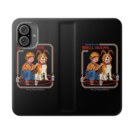 A vintage-style phone case featuring a playful demon dog illustration