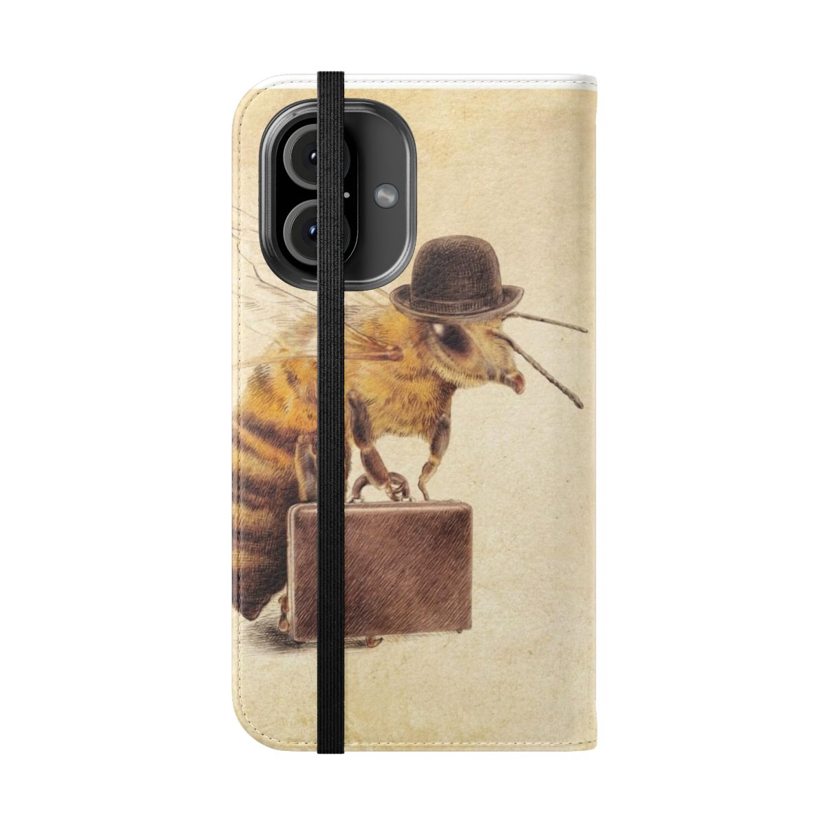 A vintage-inspired flip cover phone case featuring a worker bee design, perfect for business professionals. - Folded Front