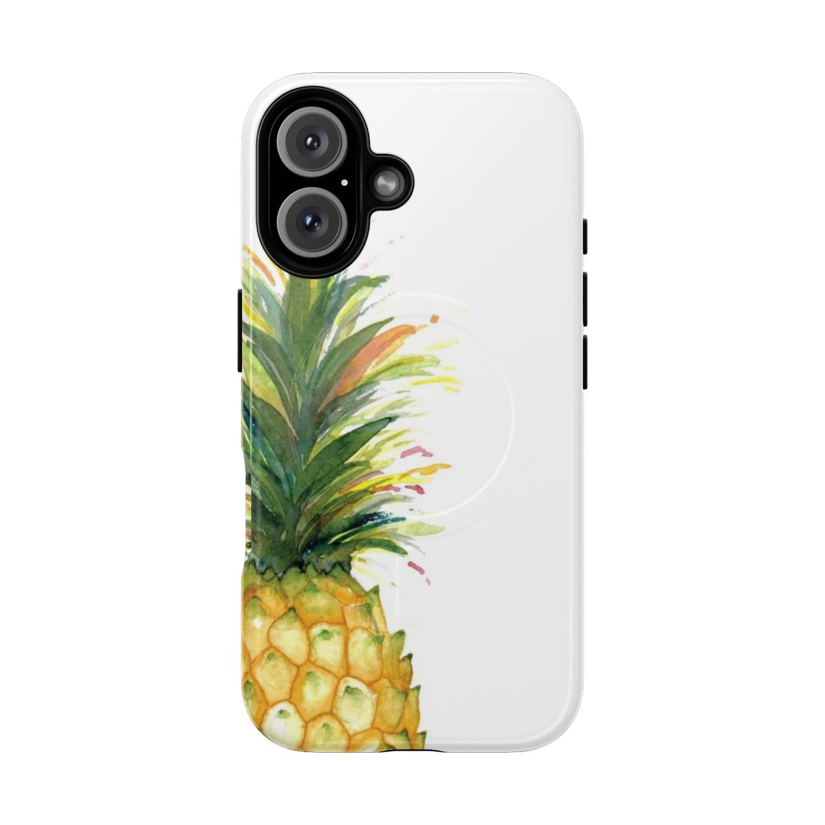 Colorful watercolor pineapple design on a protective phone case