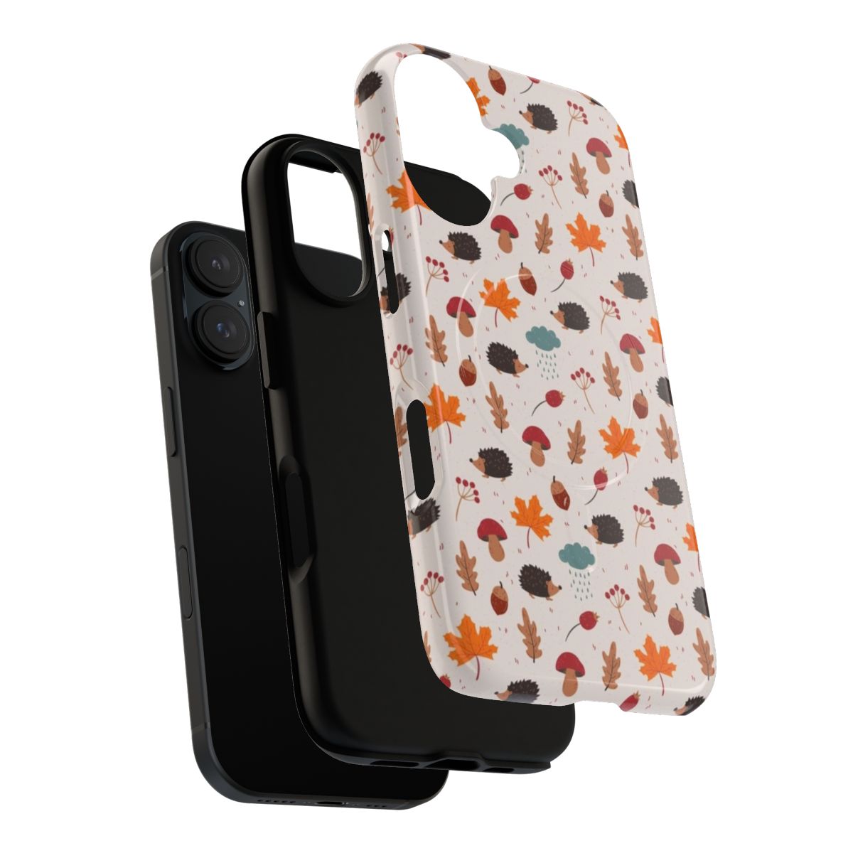 Autumn-themed phone case featuring a cute hedgehog design among leaves, mushrooms, and other natural elements. - Layers