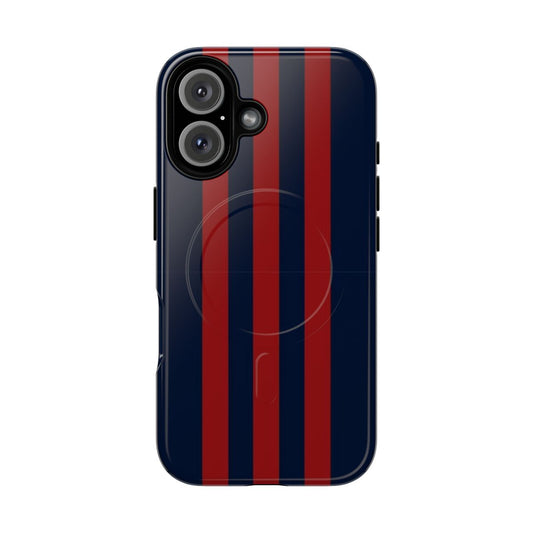 Navy blue phone case with bold crimson red vertical stripes