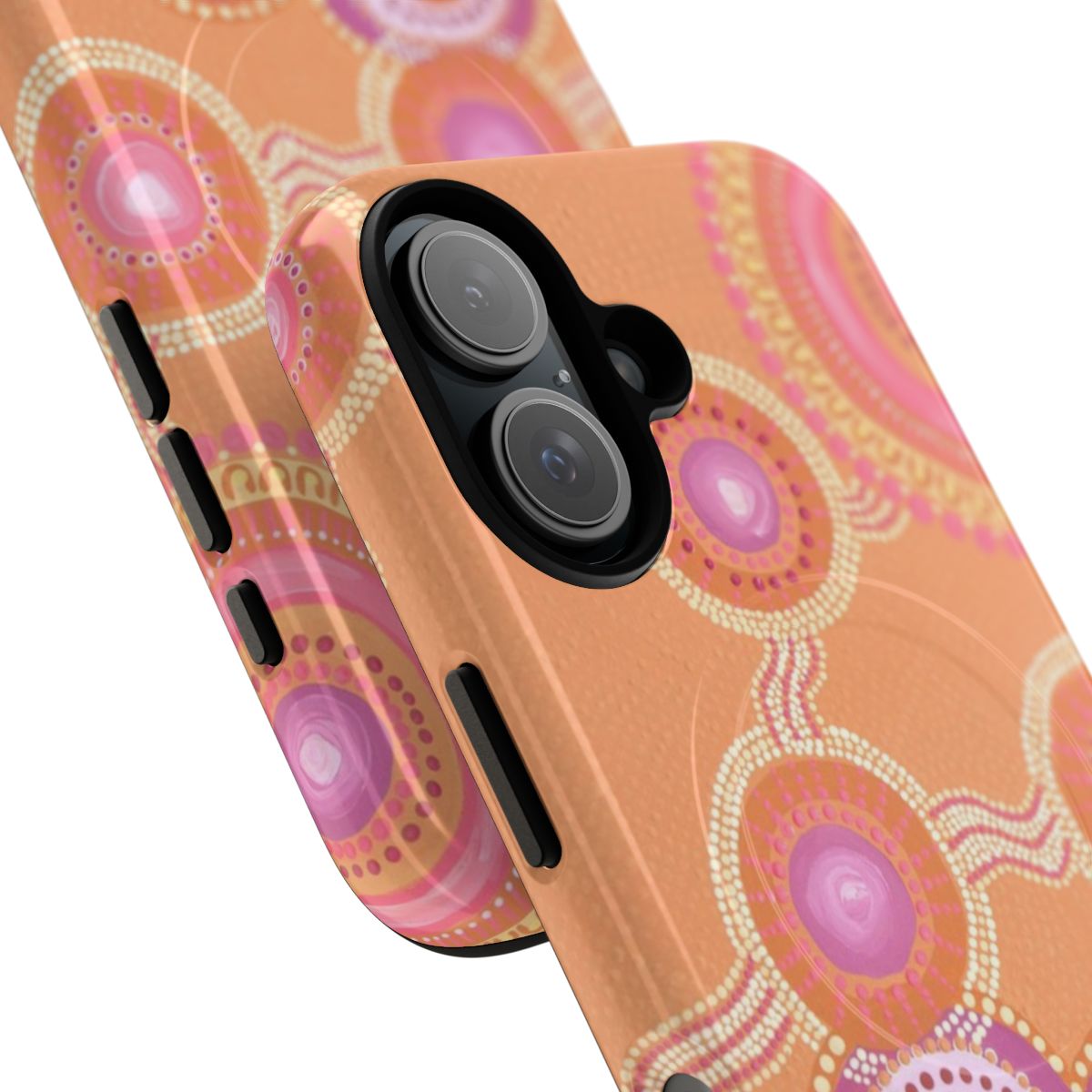 Colourful aboriginal-inspired magnetic tough phone case featuring sunset-inspired dot painting design - Detail