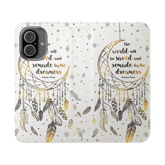 Minimalist black and white phone case with a dreamcatcher design and glowing stars