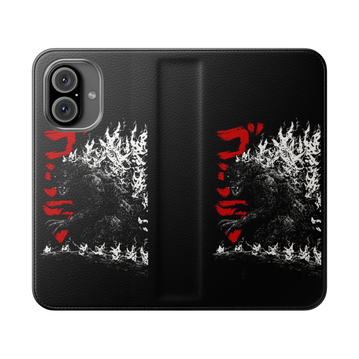 Gojira-inspired flip cover phone case featuring Millennium Godzilla 2000 design