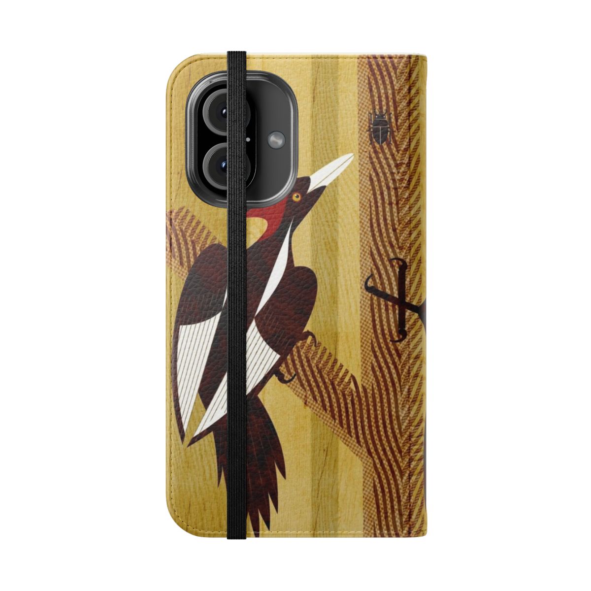 Detailed digital illustration of the extinct ivory-billed woodpecker on a phone case - Folded Front