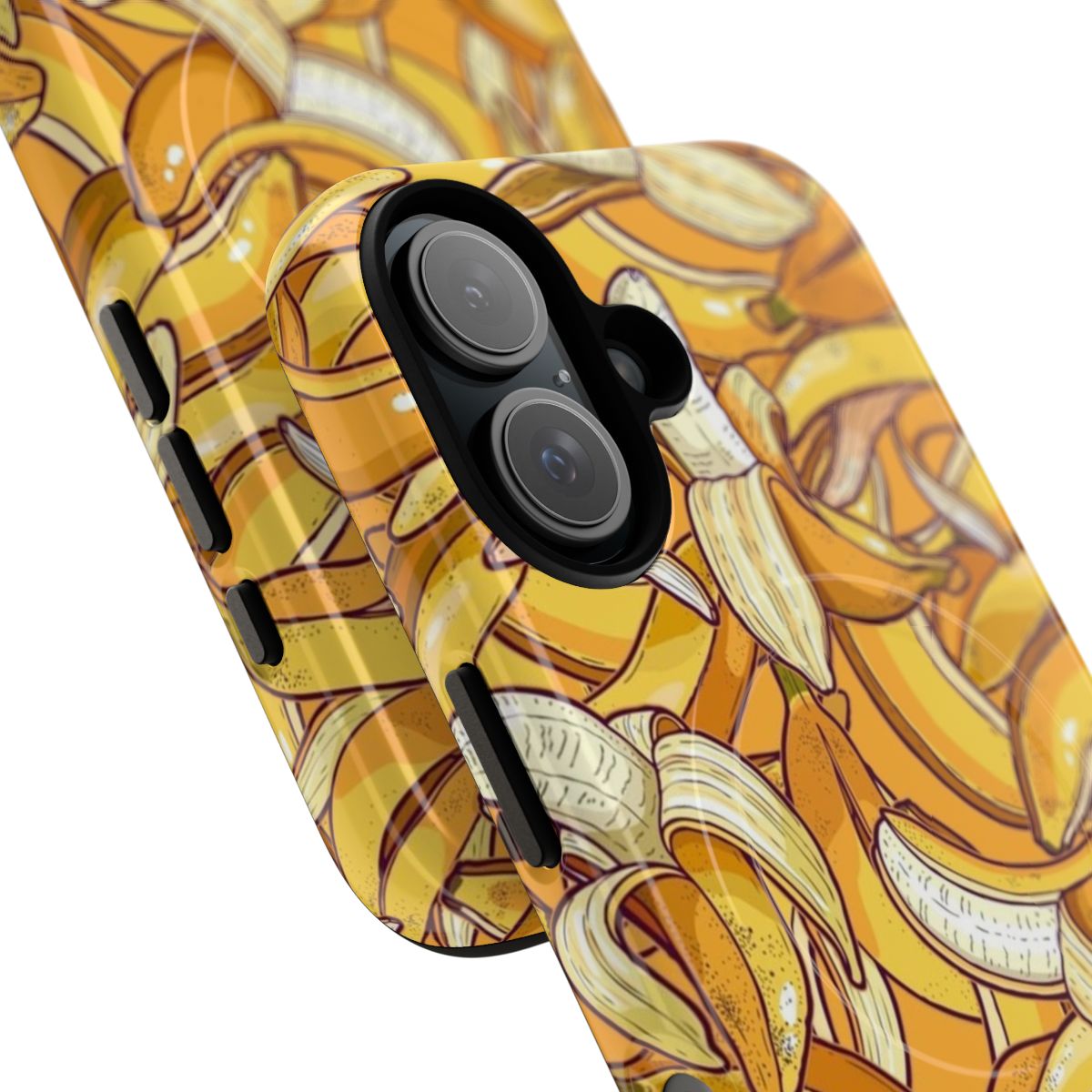 Bright yellow banana-shaped phone case with tropical design - Detail