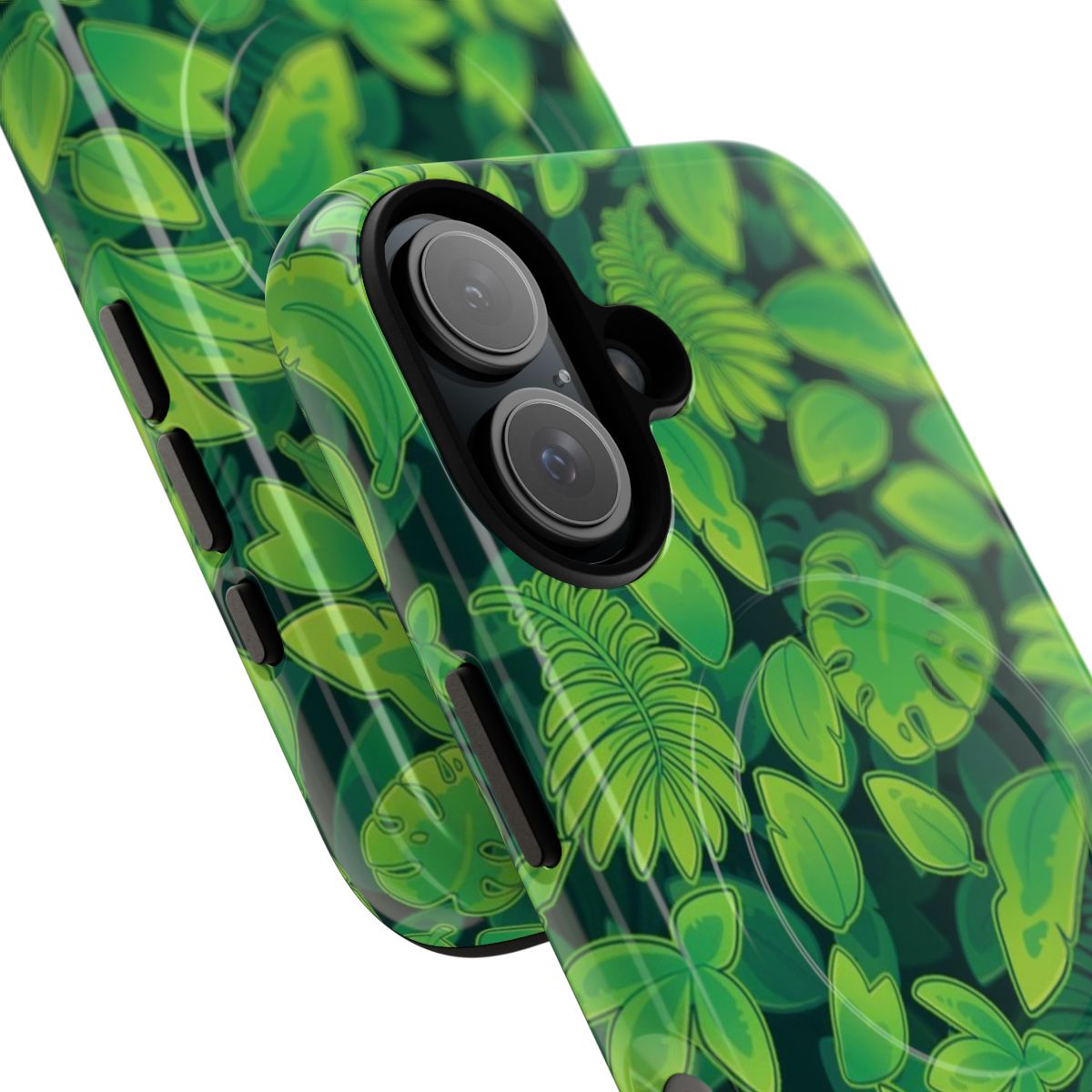 Closeup of a lush green monstera leaf on a magnetic protective phone case - Detail