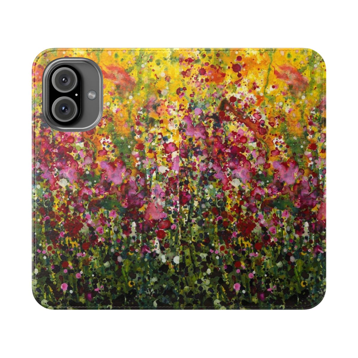 Colorful and artistic flip cover phone case featuring a vibrant floral and wildflower design