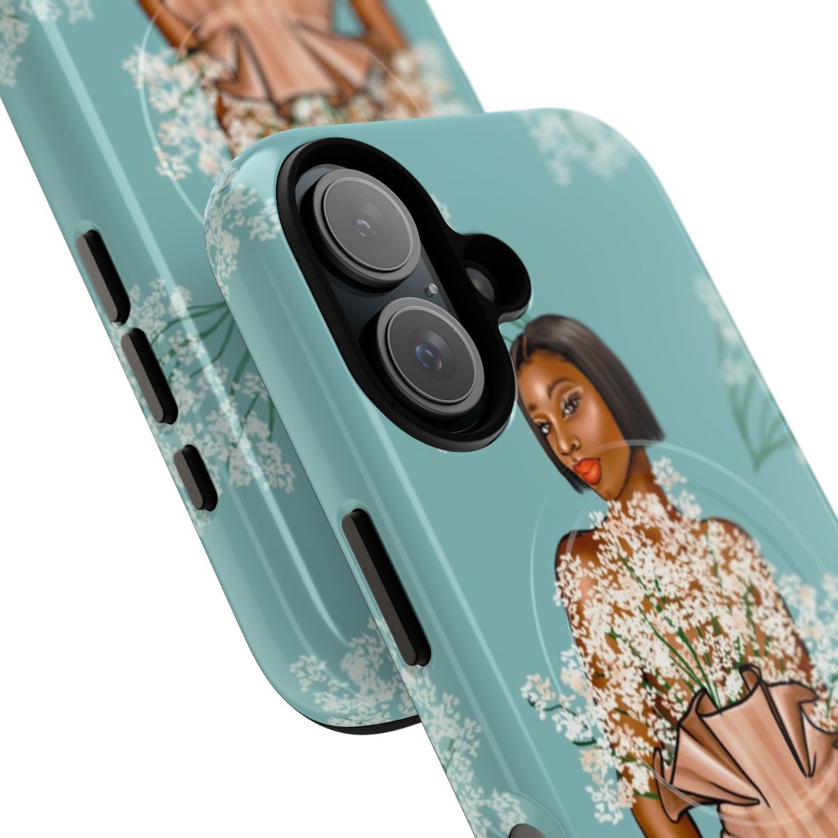 Floral magnetic tough phone case with black art and African American fashion illustration design - Detail