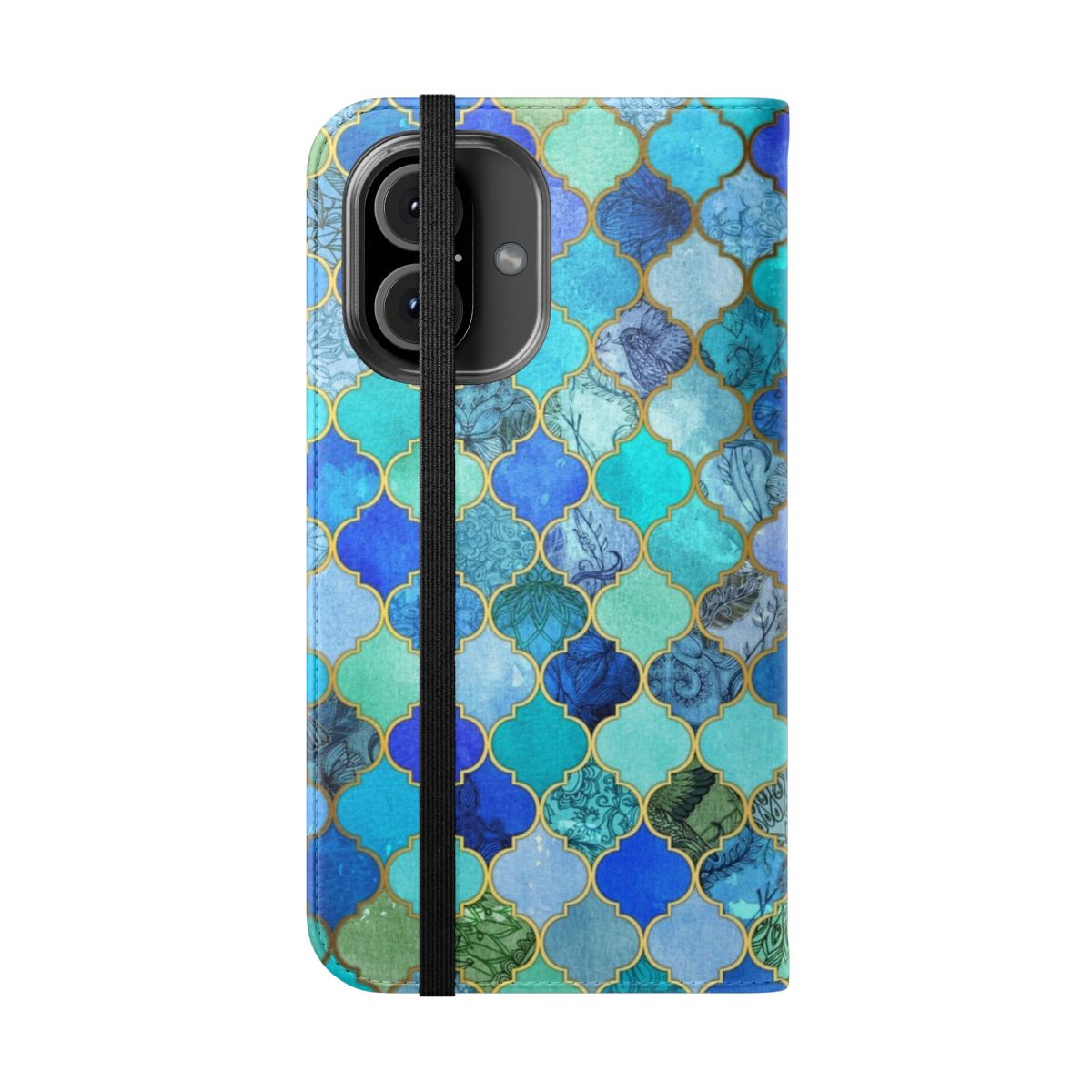 Decorative tile pattern flip phone case in cobalt blue, aqua, and gold colors - Folded Front