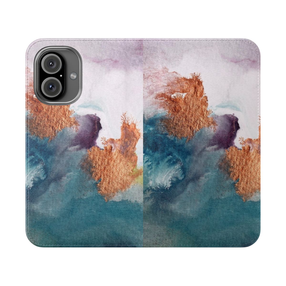 Vibrant abstract watercolor painting in shades of blue, violet, and pink printed on a phone case.