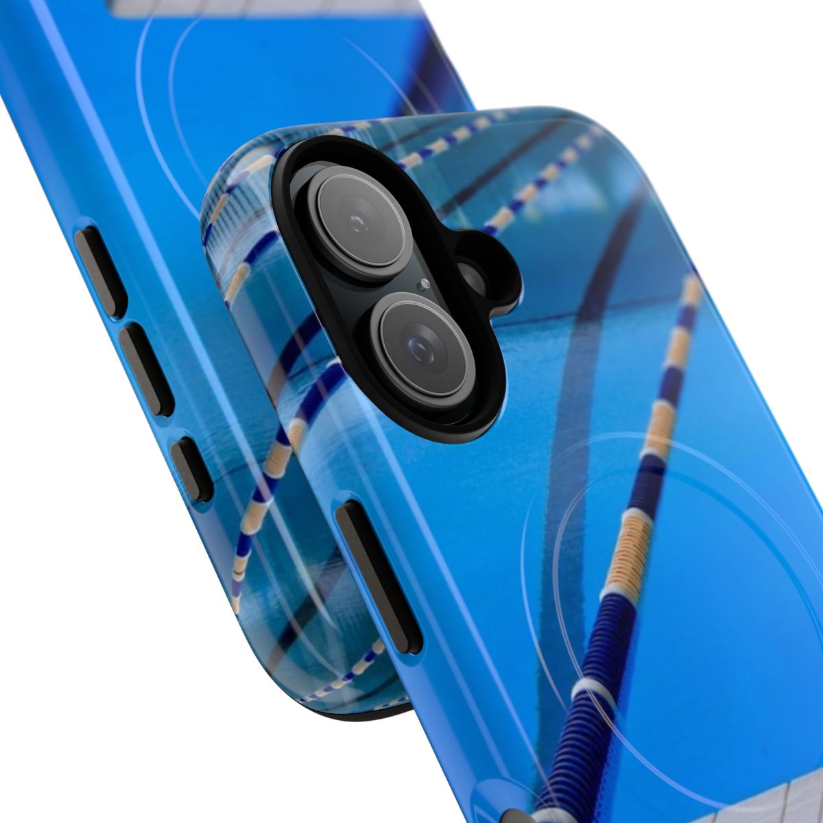 Blue and cool magnetic phone case featuring a swimming pool design, great for water sports and swimming competitions - Detail