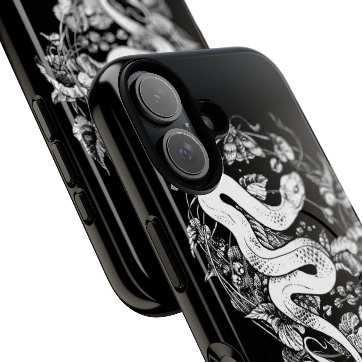 Magnetic tough phone case with a dark, mystical ink and paper graphic illustration featuring a snake, moth, and flowers. - Detail