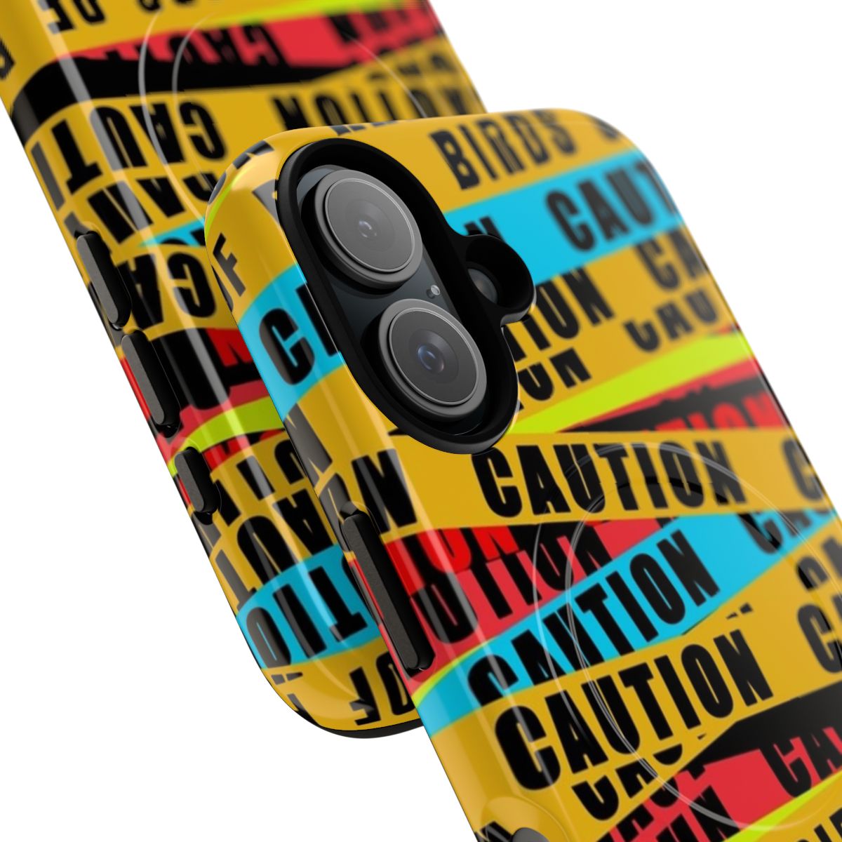 Vibrant caution tape-patterned phone case featuring Birds of Prey characters - Detail