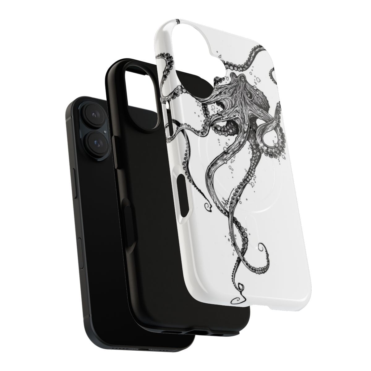 Artistic black and white illustration of an octopus on a durable phone case - Layers